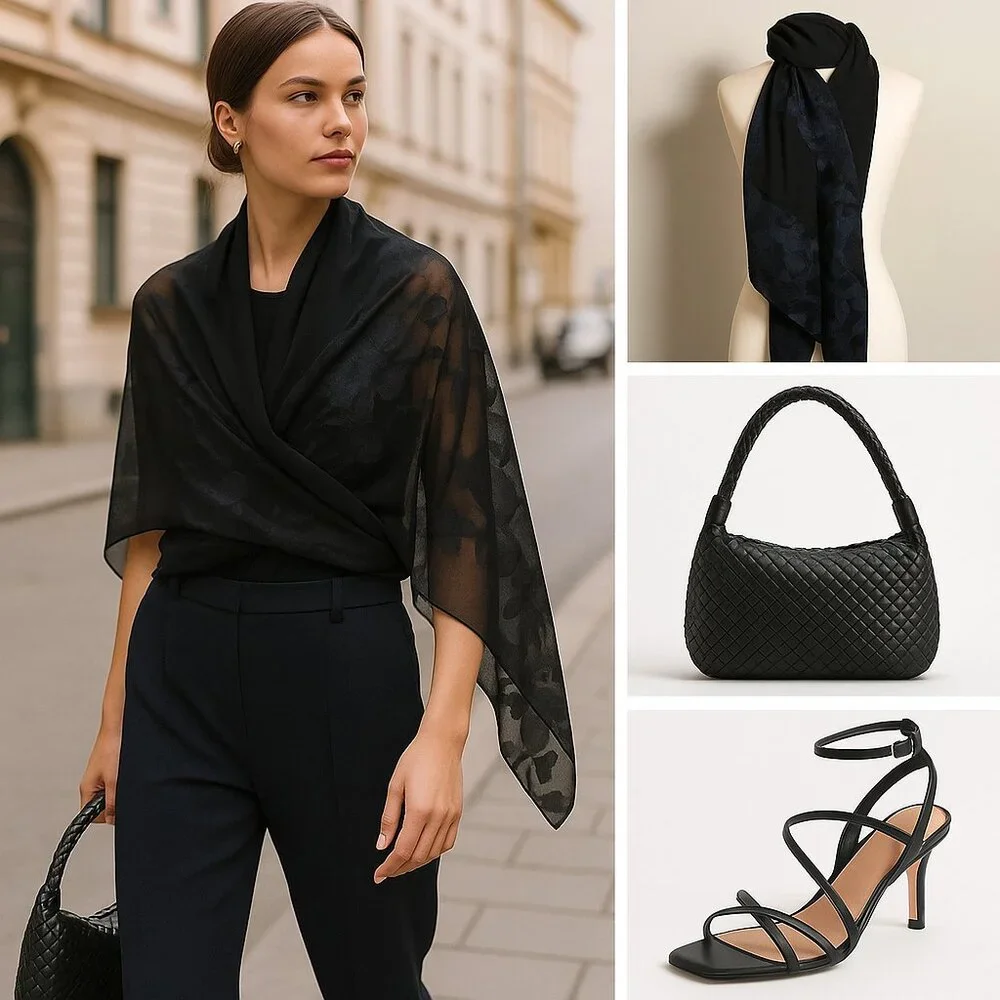Elegant Black & Navy Sheer Floral Scarf | Lightweight & Versatile